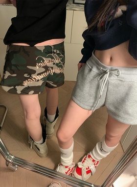 JMJ 2025春夏季美式字母印花运动修身短裤女薄款休闲直筒三分裤