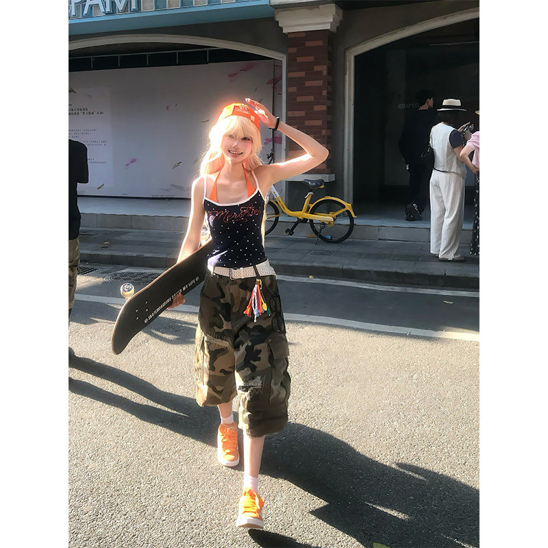 JMJ 美式复古设计感破洞补丁直筒迷彩七分裤男女宽松休闲短裤