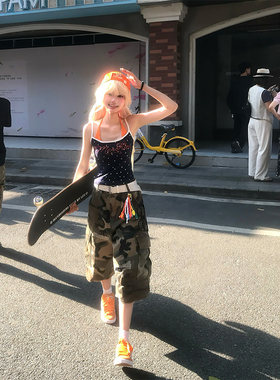 JMJ 美式复古设计感破洞补丁直筒迷彩七分裤男女宽松休闲短裤
