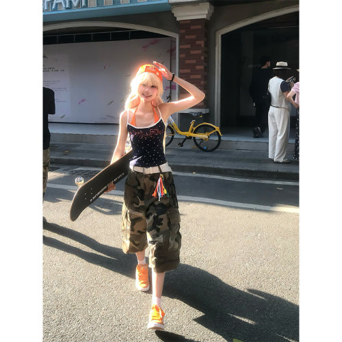 JMJ 美式复古设计感破洞补丁直筒迷彩七分裤男女宽松休闲短裤