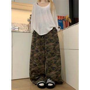 男女宽松休闲潮流百搭直筒拖地长裤 复古抽绳阔腿迷彩裤 美式 JMJ