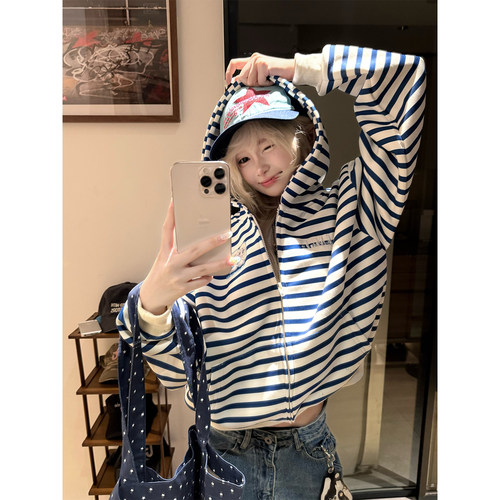 JMJ 美式设计感撞色条纹连帽开衫卫衣男女春秋宽松百搭中性外套