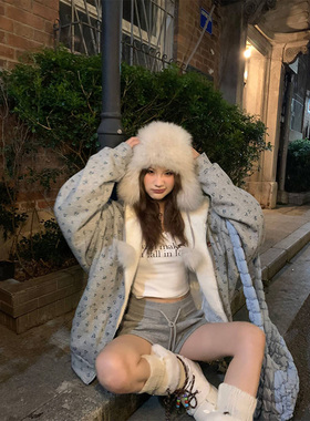 JMJ 2024美式复古冬季小碎花连帽加绒加厚卫衣女保暖帽衫秋冬外套