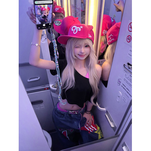 JMJ自制纯色斜领露肩短袖T恤女夏季宽松显瘦休闲百搭露肚脐短上衣