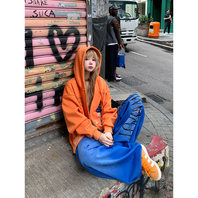 JMJ 美式设计感烫钻字母连帽加绒卫衣男女春秋宽松百搭帽衫外套