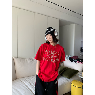 T恤男女慵懒风宽松套头打底衫 JMJ 钉珠字母短袖 2025夏季 上衣 美式