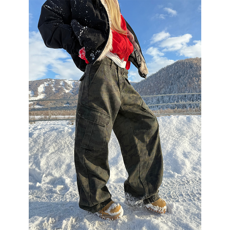 JMJ 美式复古街头迷彩多口袋工装裤男女宽松休闲百搭直筒长裤