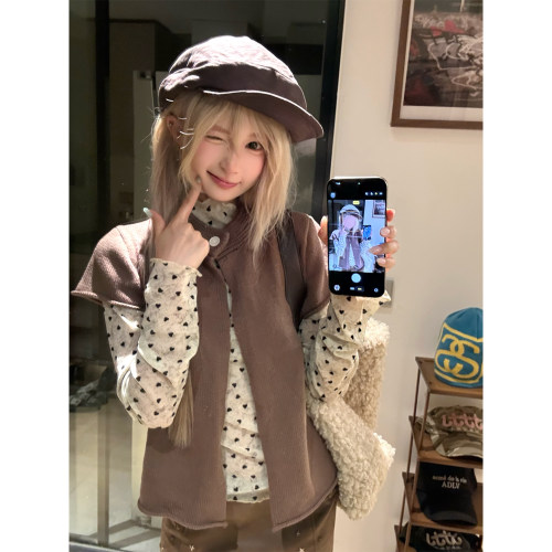JMJ 美式设计感卷边短袖开衫针织毛衣女秋季时髦休闲百搭叠穿外套
