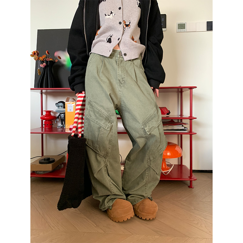 JMJ 2025美式复古街头解构阔腿工装裤男女宽松褶皱直筒垂感长裤子