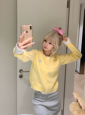 JMJ 美式字母绣花假两件针织开衫毛衣女宽松休闲慵懒显瘦短外套