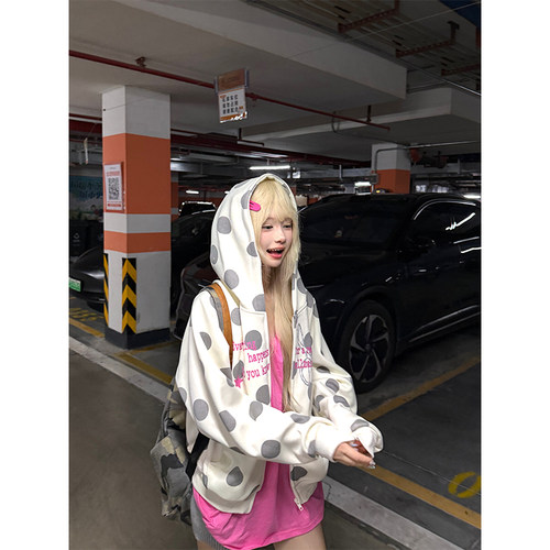 JMJ 美式波点字母印花连帽开衫卫衣男女春秋宽松休闲百搭帽衫外套