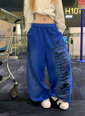 JMJ 美式设计感破洞字母印花抽绳阔腿卫裤男女宽松休闲百搭长裤