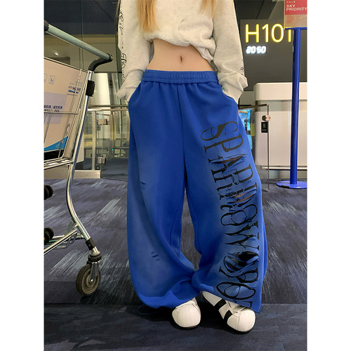 JMJ 美式设计感破洞字母印花抽绳阔腿卫裤男女宽松休闲百搭长裤