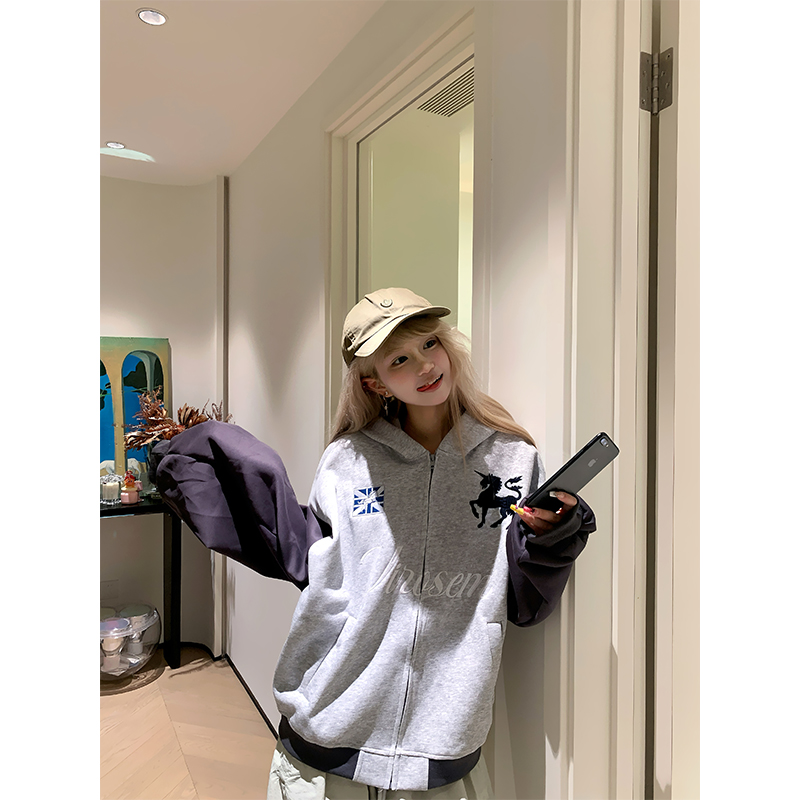 JMJ 美式数字印花插肩袖开衫连帽卫衣男女宽松休闲百搭帽衫外套