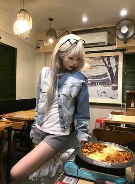 JMJ 美式复古字母刺绣水洗做旧牛仔外套男女宽松休闲时髦正肩夹克