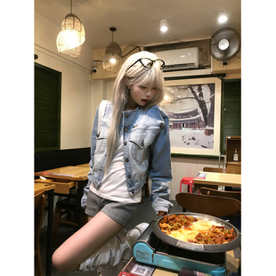 JMJ 复古字母刺绣水洗做旧牛仔外套男女宽松休闲时髦正肩夹克 美式