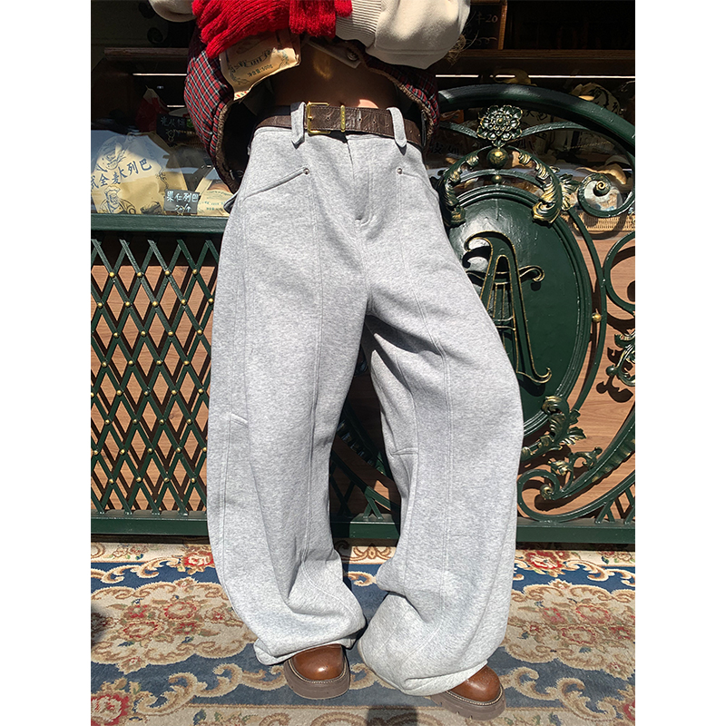 JMJ 美式简约基础款阔腿加厚保暖休闲裤男女宽松百搭运动拖地长裤