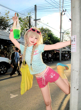 JMJ 美式复古波点字母印花短袖T恤女辣妹显瘦百搭多巴胺休闲上衣