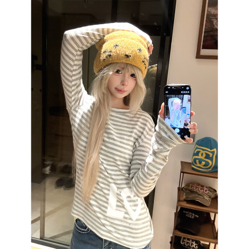 JMJ美式撞色条纹字母印花圆领长袖T恤男女秋冬休闲百搭打底上衣