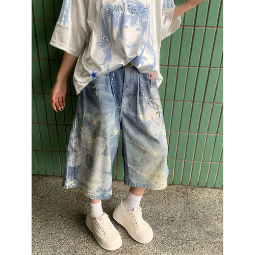 JMJ 美式手绘花朵3D链条印花七分牛仔裤夏季男女宽松直筒阔腿短裤
