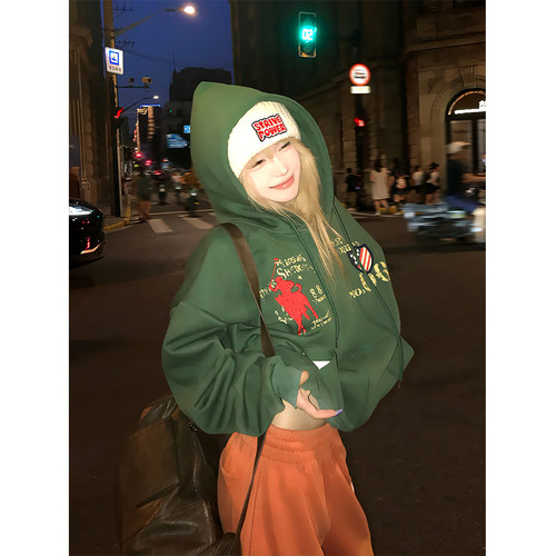 JMJ 美式复古做旧字母印花徽章连帽开衫卫衣男女宽松休闲百搭外套