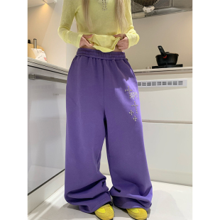 男女宽松休闲慵懒垂感直筒长裤 复古铆钉松紧腰阔腿卫裤 美式 JMJ