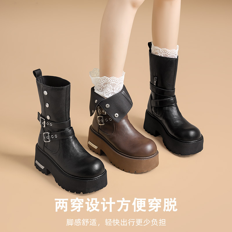 发泡底中筒马丁靴女2025秋季新款显瘦美拉德皮靴两穿厚底增高时尚