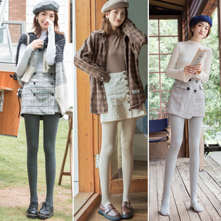 连裤袜女秋冬加绒加厚光面平纹棉质浅灰色微压显瘦打底裤棉质光面