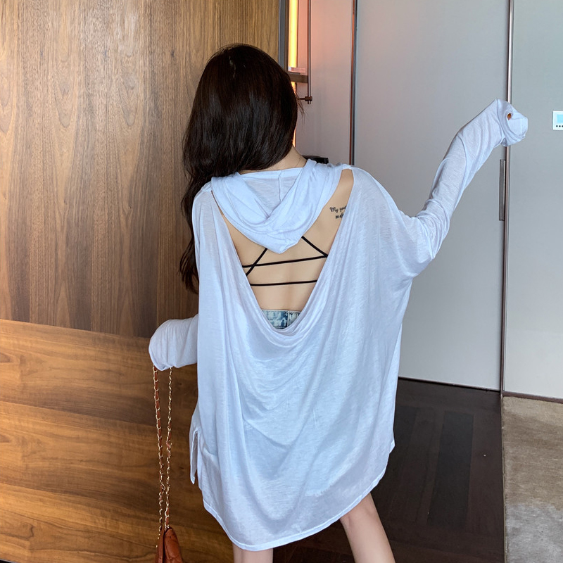 白色t恤女装2019新款潮夏装韩版薄款中长款体恤露背宽松防晒上衣热销22件五折促销