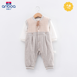 安宝儿婴儿冬装连体衣加厚秋冬季新生儿夹棉哈衣男童宝宝保暖棉服