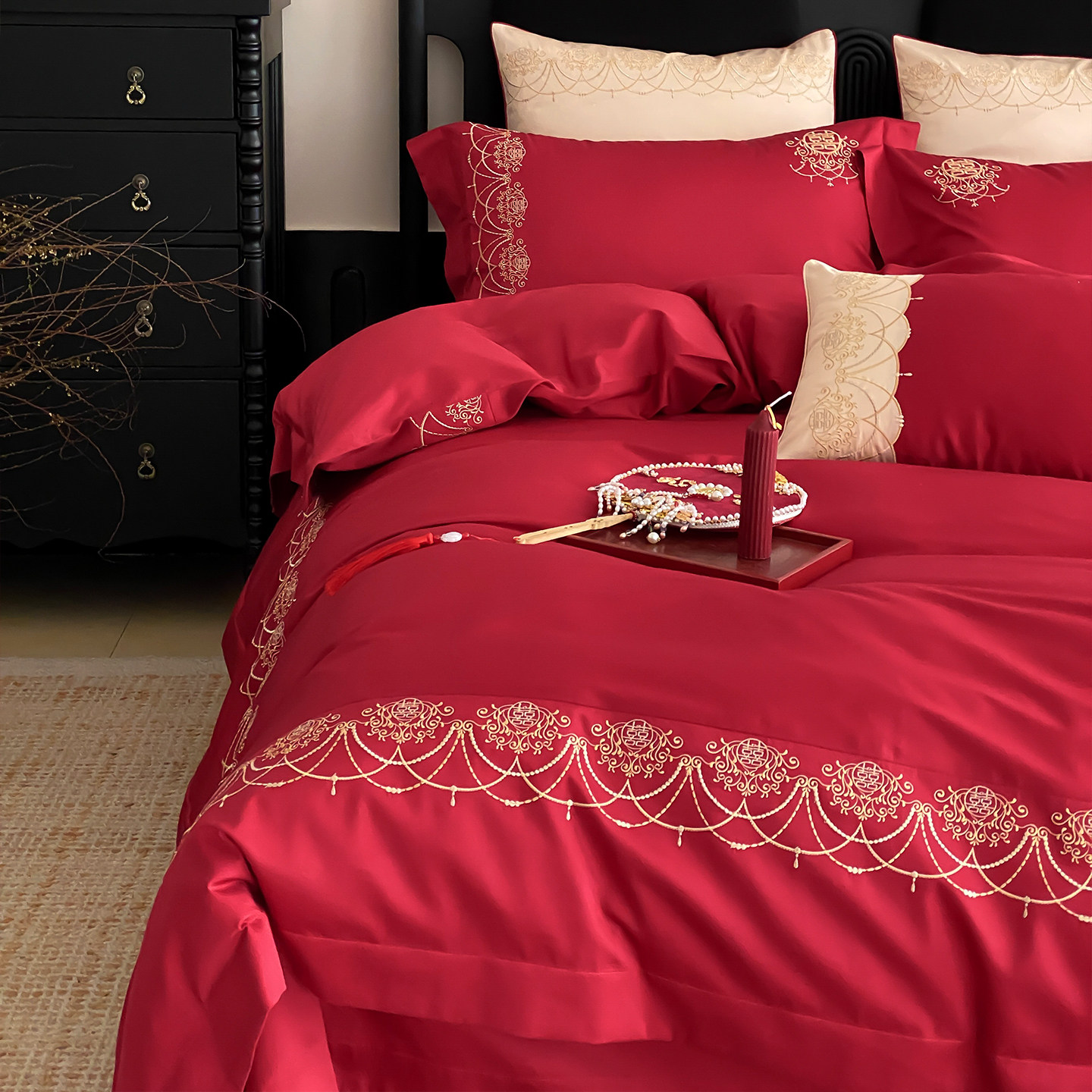 欧式高端刺绣全棉长绒棉红色四件套结婚庆被套纯棉床单2m床上用品