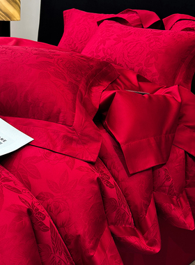 高端红色提花全棉长绒棉四件套结婚陪嫁被套纯棉床单轻奢风2m床品