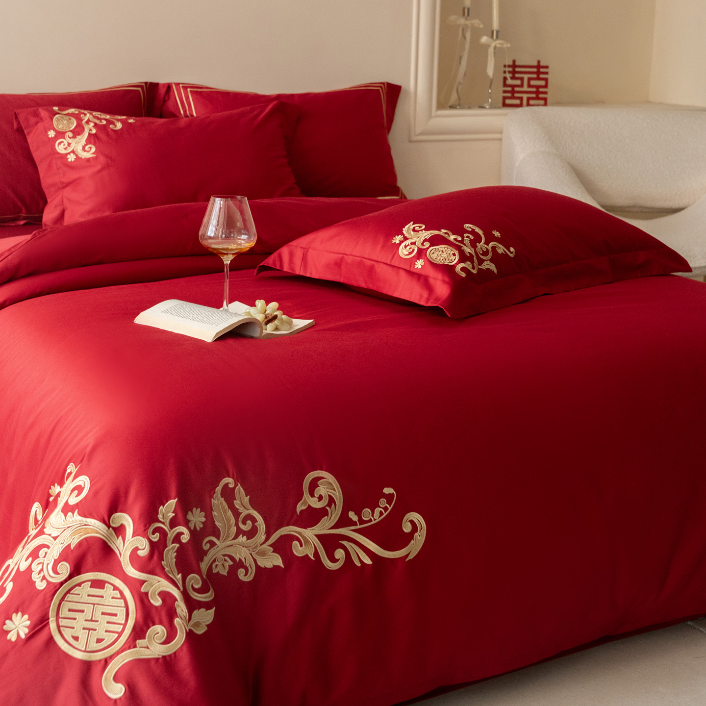 欧式高端全棉长绒棉刺绣四件套喜庆结婚红色被套纯棉床单床上用品
