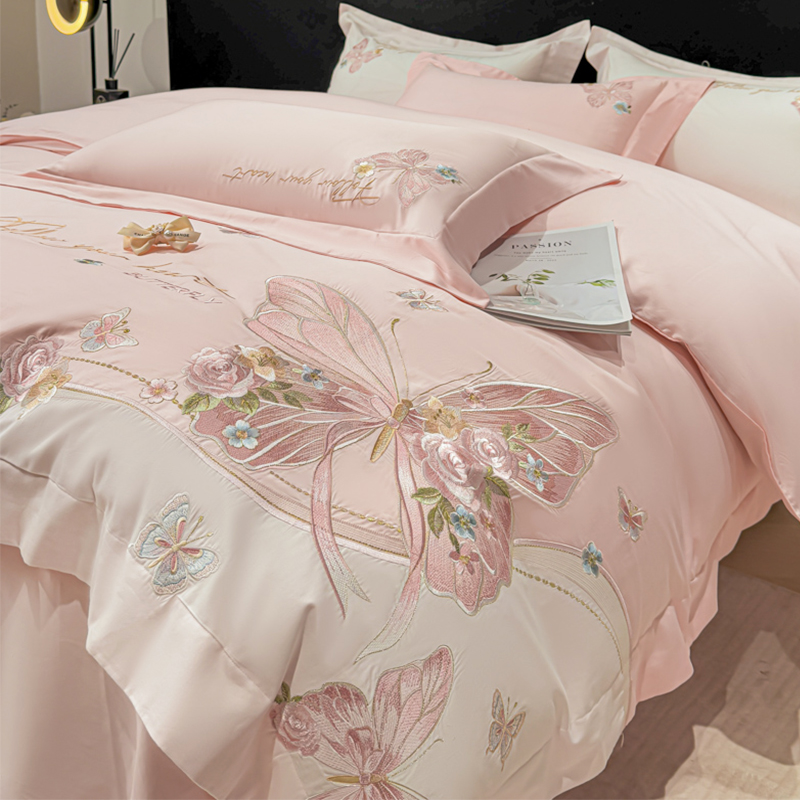 高级感粉色蝴蝶刺绣全棉四件套
