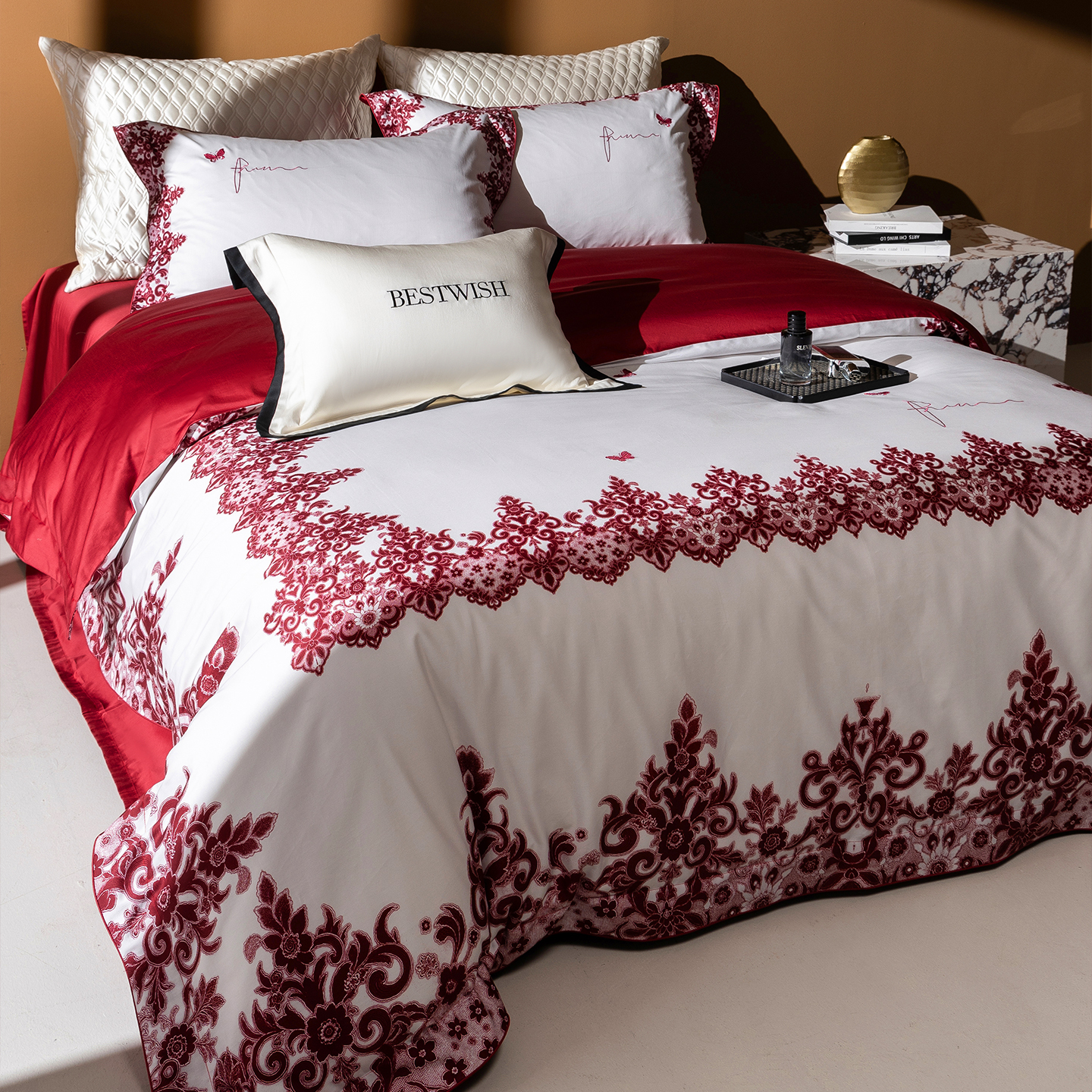 复古蕾丝100S长绒棉喜庆四件套