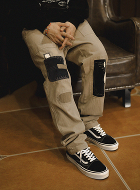 YKHD做旧破坏补丁设计美式潮流街头感卡其色直筒休闲 工装裤子男