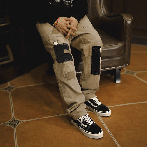 YKHD美式街头破坏补丁直筒工装裤