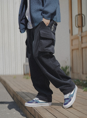 YKHD藏青色大口袋美式街头宽松直筒休闲灯芯绒Cargo工装裤子男款