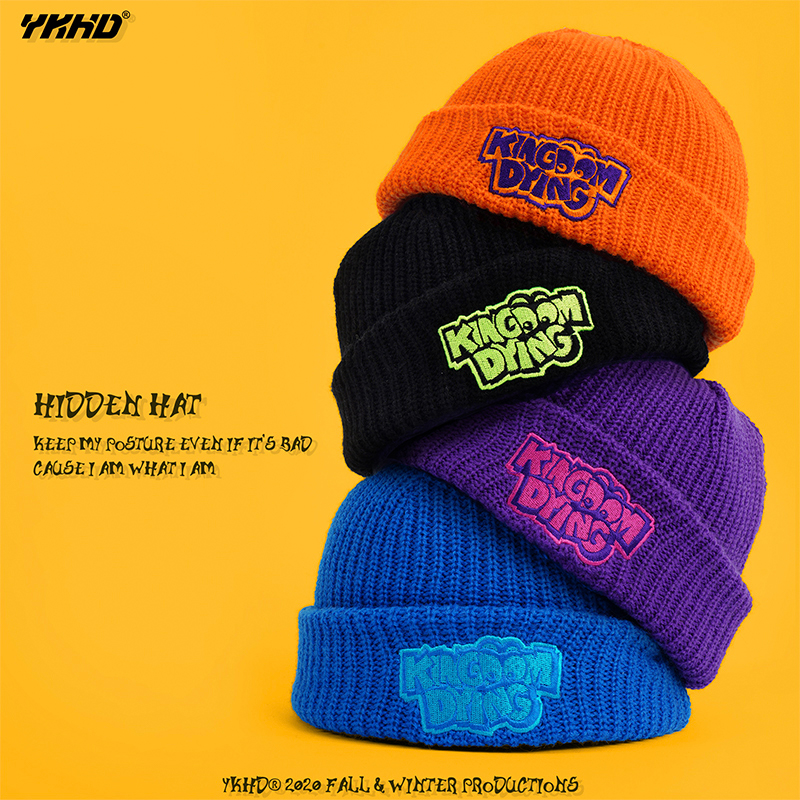 YKHD羊毛刺绣撞色秋冬季毛线帽