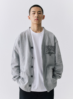 YKHD美式复古重磅450G纯棉毛圈纽扣V领开衫外套宽松休闲卫衣上衣