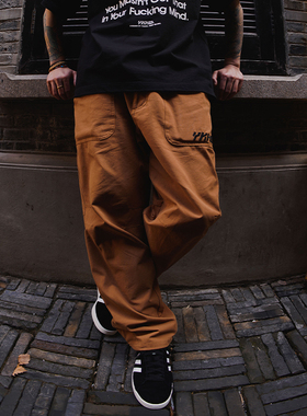 YKHD姜黄色双摺刺绣工装裤秋冬季美式街头宽松直筒抽绳束脚长裤子