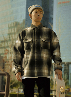 YKHD X CBS「泛指」滑板破坏刺绣补丁秋冬宽松长袖毛呢衬衫外套男