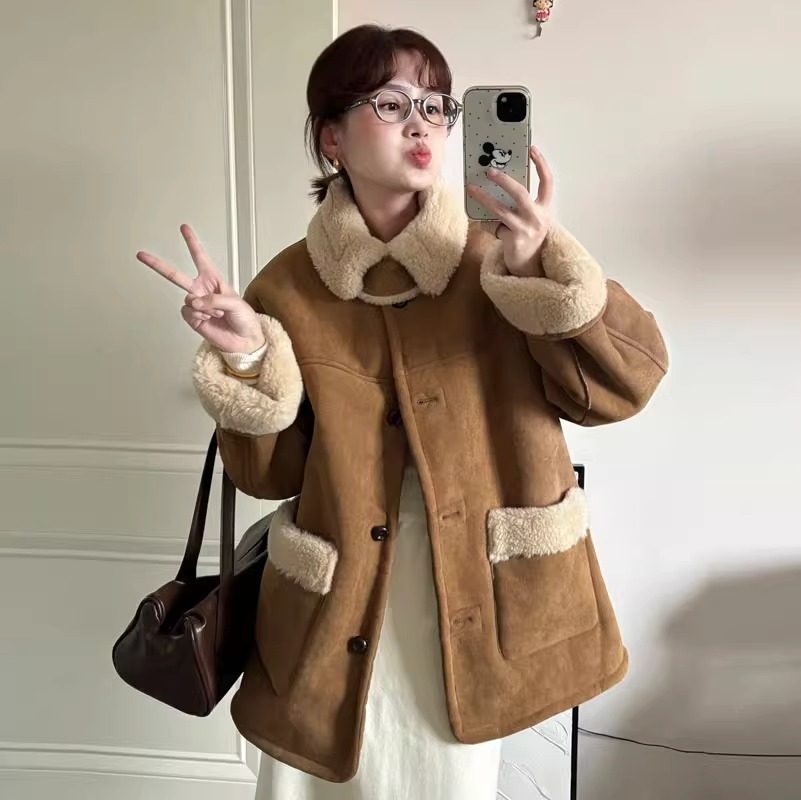 皮毛一体仿羊羔毛外套女2025两面穿冬季宽松韩版加厚加绒毛毛外套