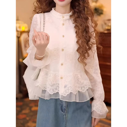 法式宫廷风蕾丝刺绣衬衫女2026春季高级感气质木耳边设计感上衣