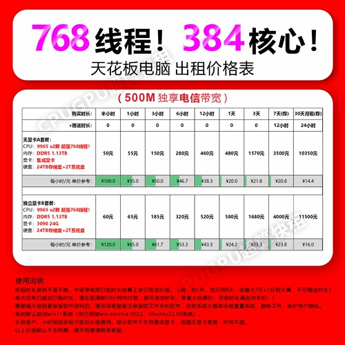 9965出租768线程双路服务器电脑主机远程租赁吊打9755 9654 9554