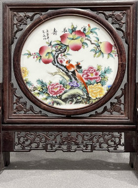 古玩花梨木镶珐琅彩花鸟瓷板画