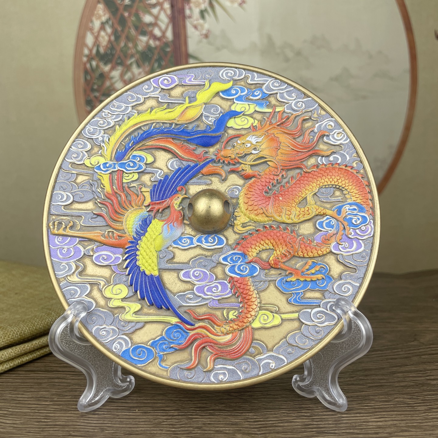 古玩杂项旧藏老铜镶青花龙凤呈祥铜镜摆件装饰画挂墙中式书房挂画