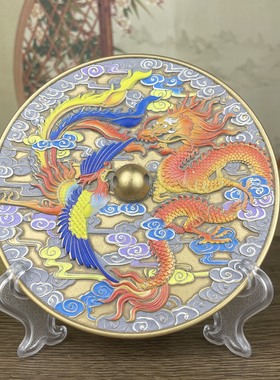古玩杂项旧藏老铜镶青花龙凤摆件