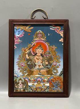 仿古实木框瓷板画唐卡文殊菩萨佛堂挂画陶瓷客厅书房装饰37x29cm