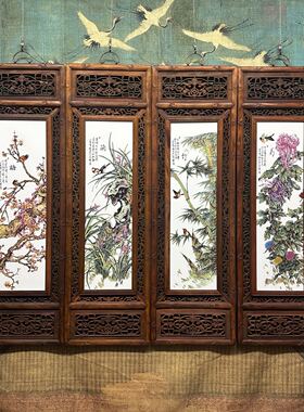 古玩杂项旧藏老紫檀木镶瓷板画